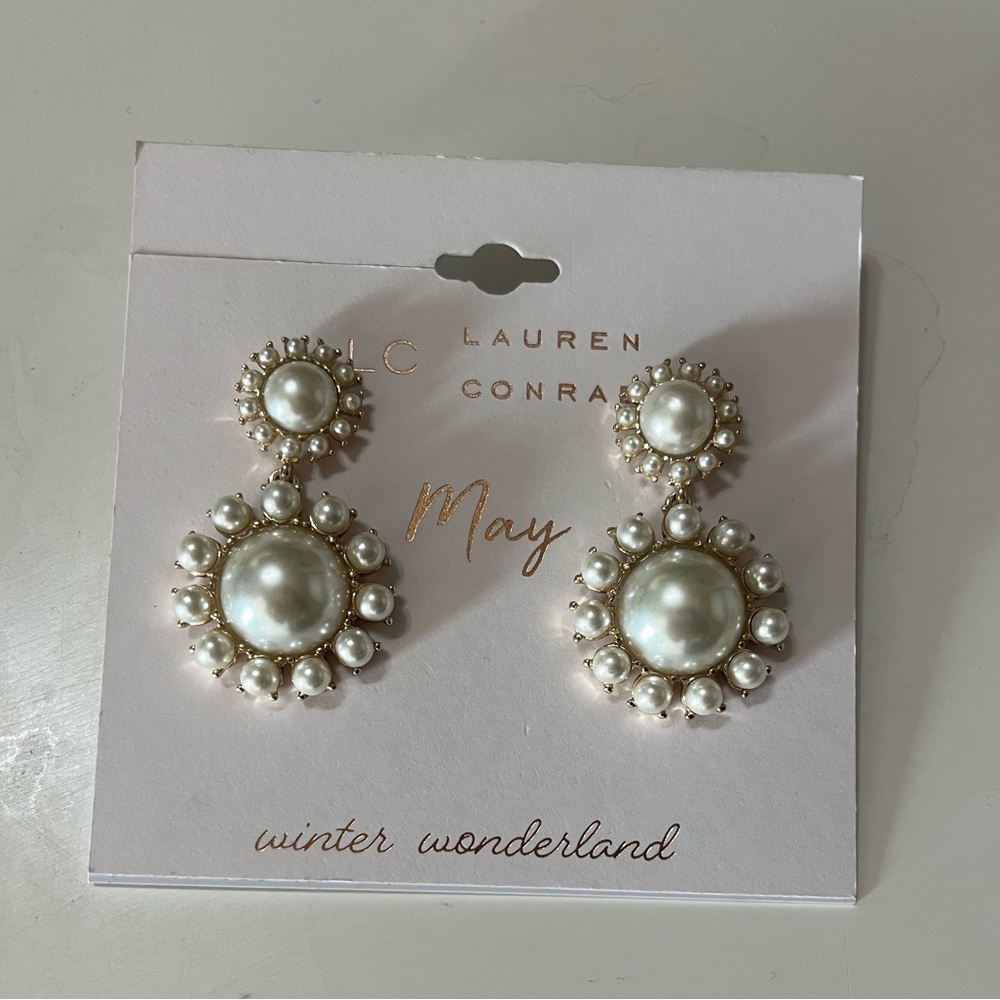 LC Lauren Conrad Gold White Earrings with Pearl and Crystal Clusters